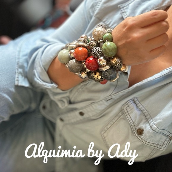 Big ultra chunky Jasper sunstone agate beaded handmade colorful bracelet - Picture 2 of 3